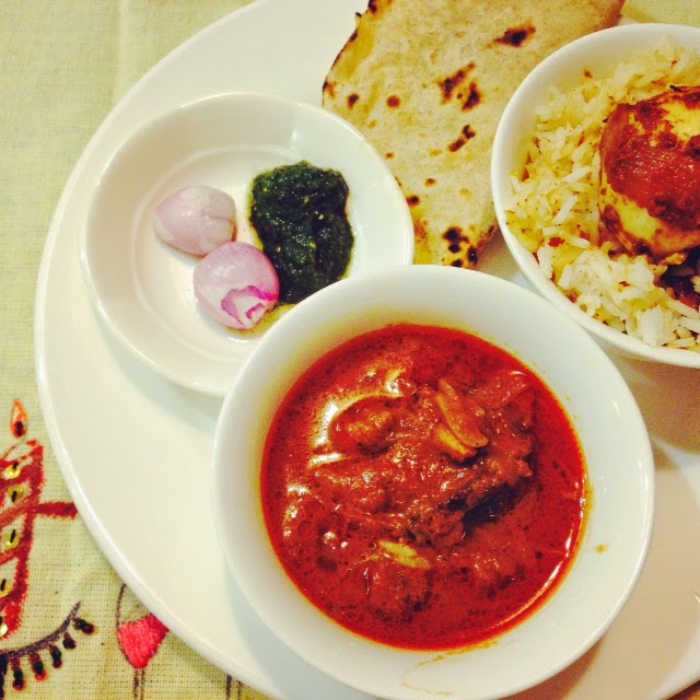 weekend cooking – mutton korma paired with egg pulao mint chutney and chapathi
