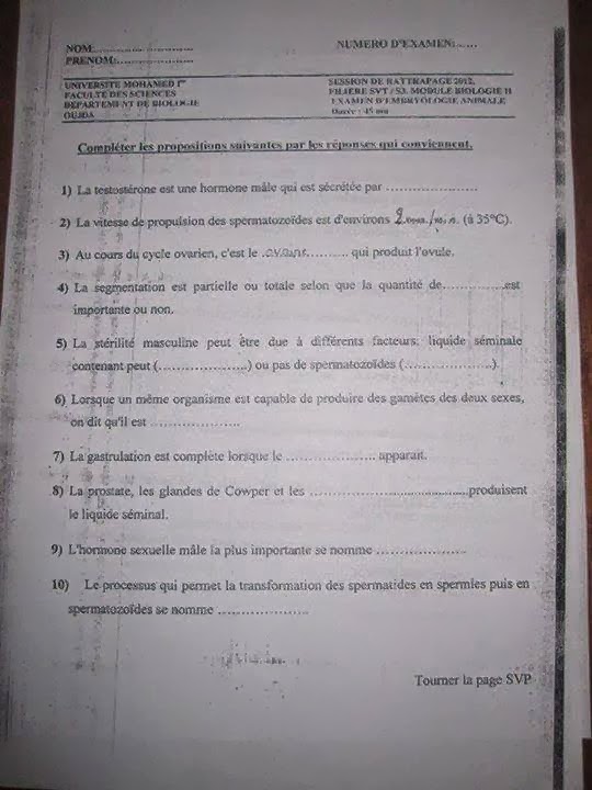 exemple d examen de biologie animale