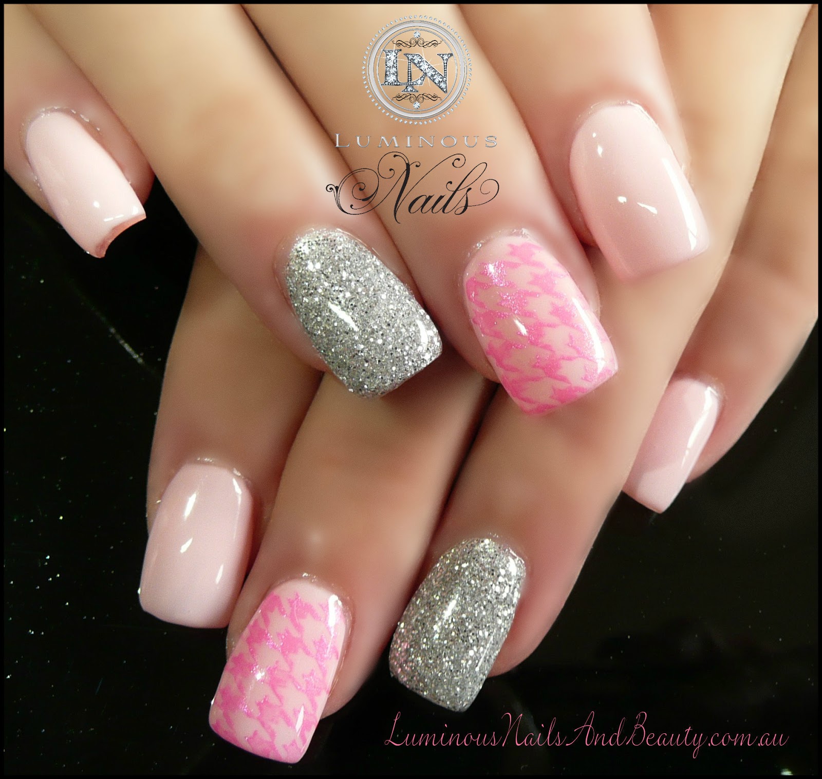 Pink amp; Silver Nails with Hounds tooth Print