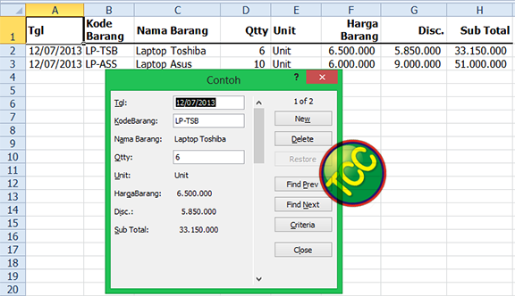 Aktifkan Data Form pada Excel