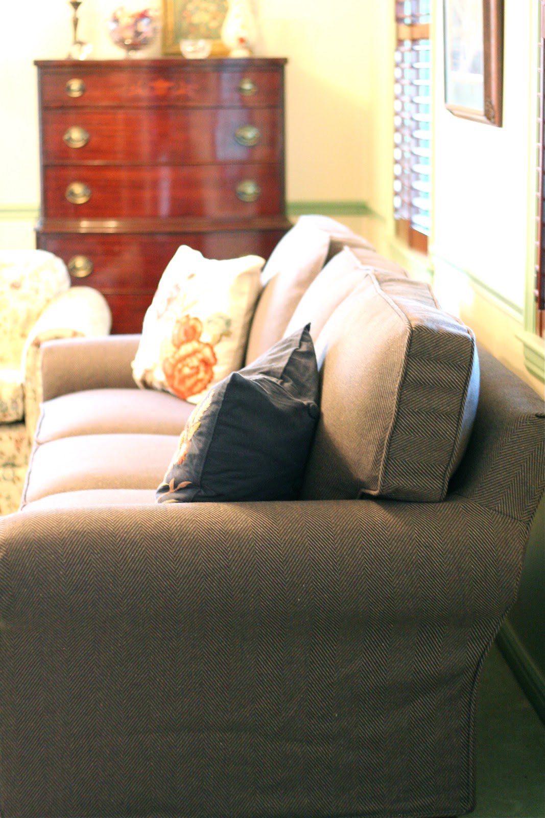 Custom Slipcovers by Shelley Navy/Tan Herringbone Couch Slipcover