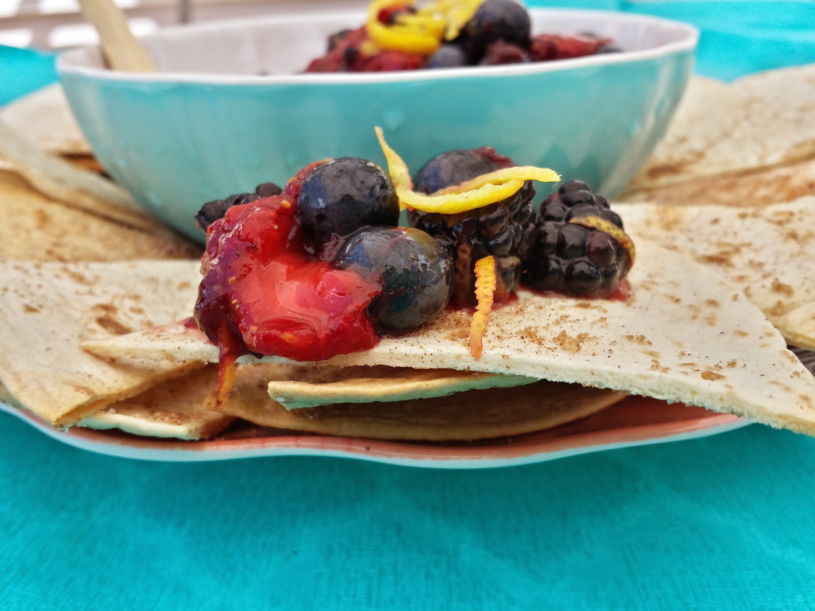 triple berry salsa on a cinnamon sugar tortilla chip