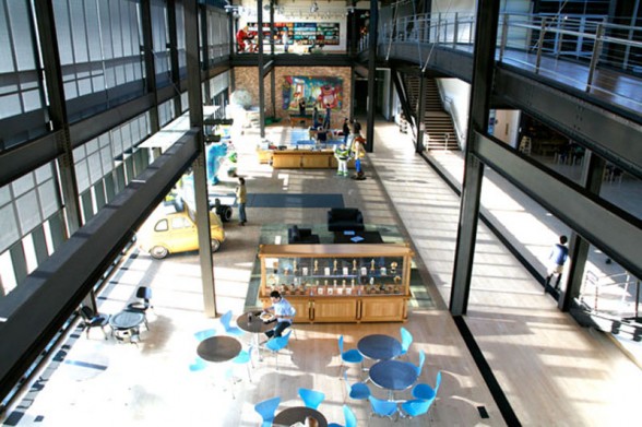 aerial view of pixar office hallway