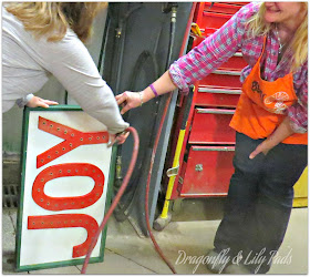 http://www.dragonflyandlilypads.com/2014/12/home-depot-do-it-herself-workshop-2.html Cleaning up the Sawdust, Home Depot Her It Yourself Workshop, Joy Marquee Sign