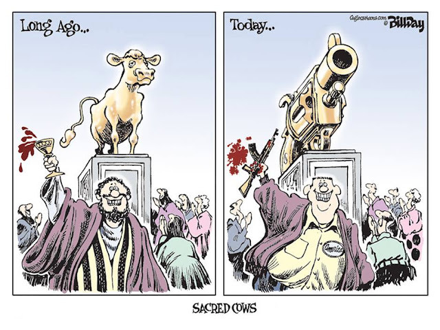 First frame:  Persons worshiping the Sacred Cow during the Exodus.  Second Frame:  NRA members worshiping a gun in modern times.