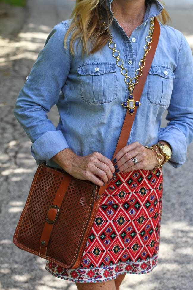 jcrew chambray shirt, topshop embroidered skirt, patricia nash crossbody bag, julie vos necklace
