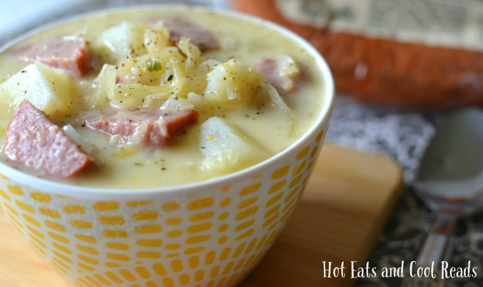 Hot Eats and Cool Reads Creamy Sausage, Potato and Sauerkraut Soup Recipe