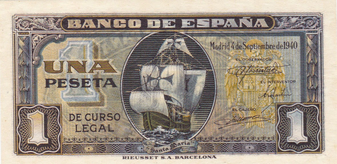 Spain 1 Peseta banknote 1940 Columbus ship Santa MariaWorld Banknotes