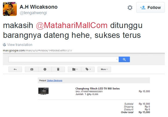 MatahariMall Changhong 19 Inch LED TV Rp 15.000 MatahariMall Changhong 19 Inch LED TV Rp 15.000