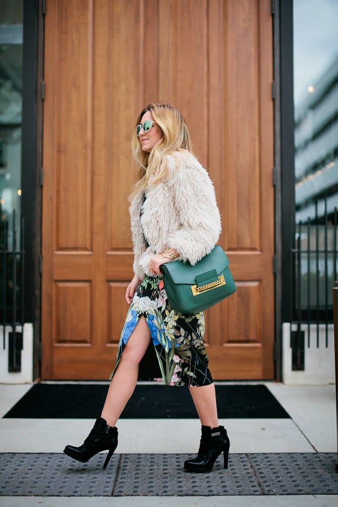 holiday, outfit, dress, keepsake, floral, anthom, french connection, black, boots, blonde, hair, ombre, jewelry, green, bag, dc, blog, style, blogger