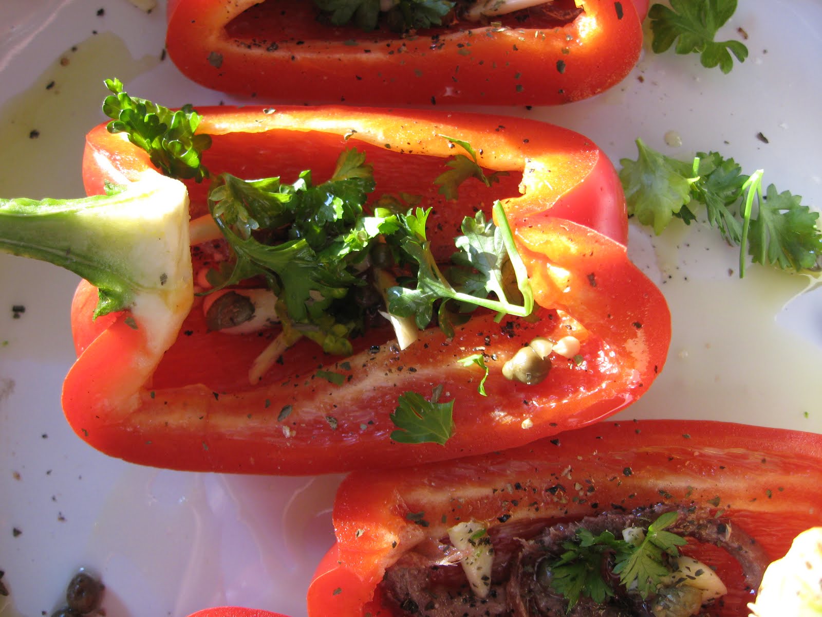 she's in the kitchen slow roasted peppers with basil, capers and anchovies