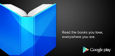 Immagine di libro blu aperto su sfondo bianco con il logo di Google Play