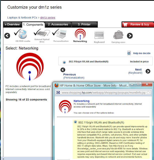 WiFi wireless card details for the dm1z from shopping.hp.com. One option available, no specifics on the card are provided.