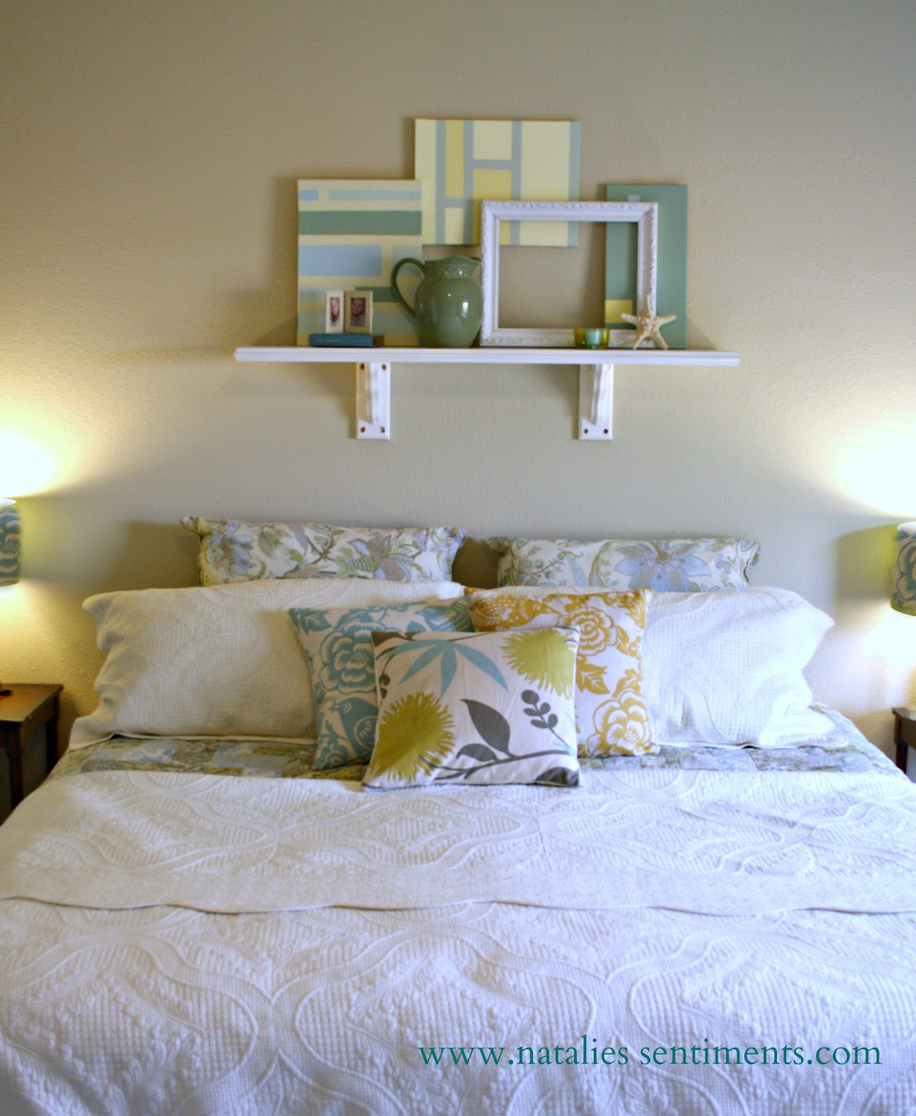 natalie's sentiments Simple canvas art and a pretty shelf above the bed
