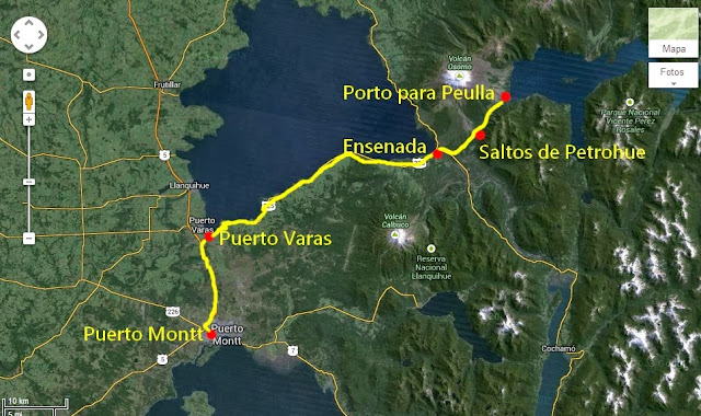 Mapa de Puerto Montt até os Saltos de Petrohué