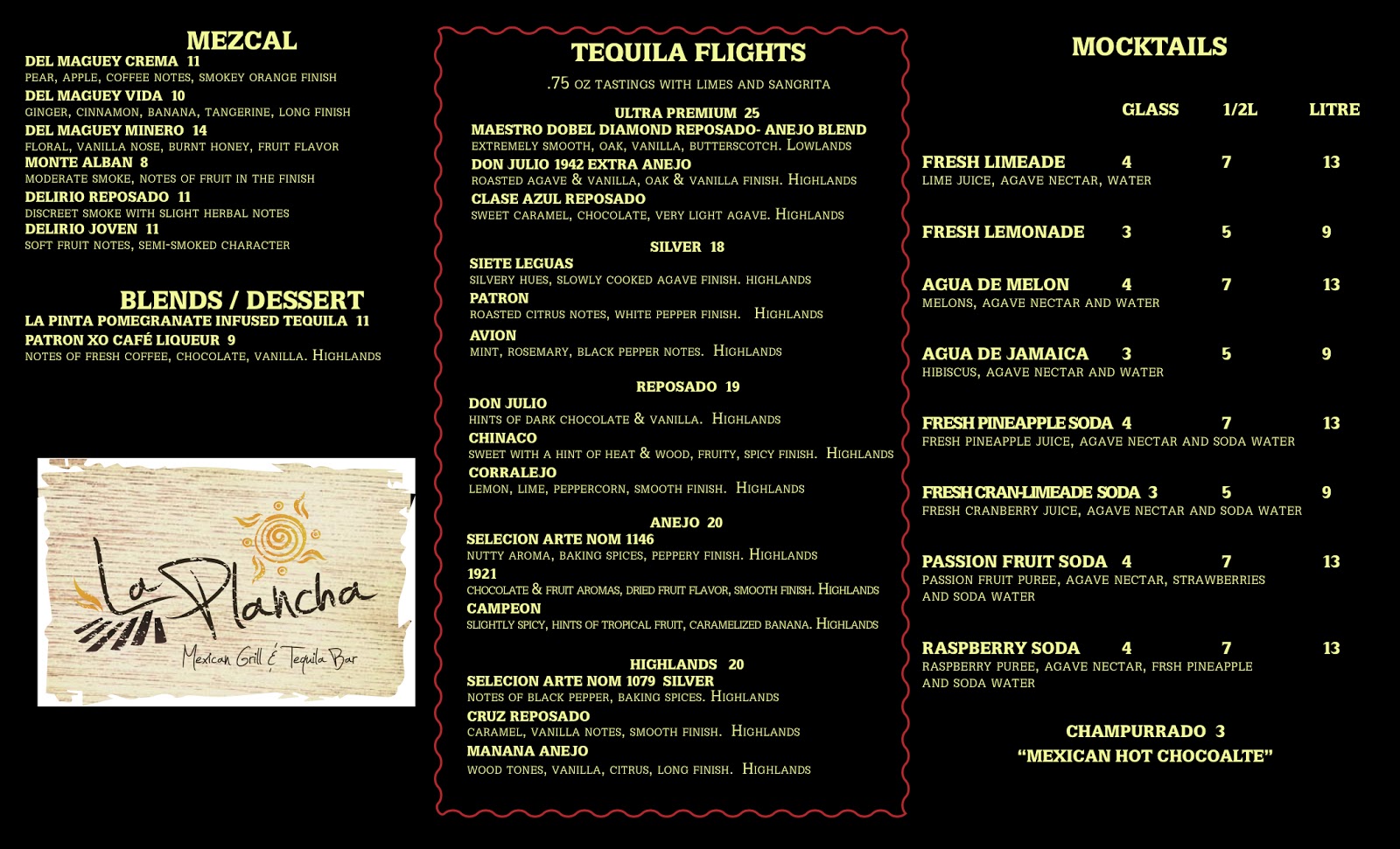 La Plancha Mexican Grill and Tequila Bar La Plancha Grill Tequila Menus