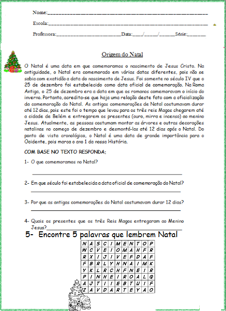 Rosearts- Atividades para imprimir: A origem do Natal - Interpretação de  texto