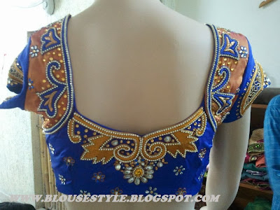 blue blouse with white stone work back neck designer blouse