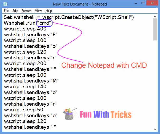 Ghost typing on notepad or CMD using VBS script_FunWidTricks.Com