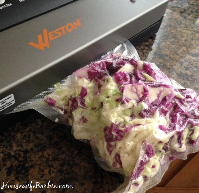 An American Housewife Shredding and Vacuum Sealing Fresh Cabbage with