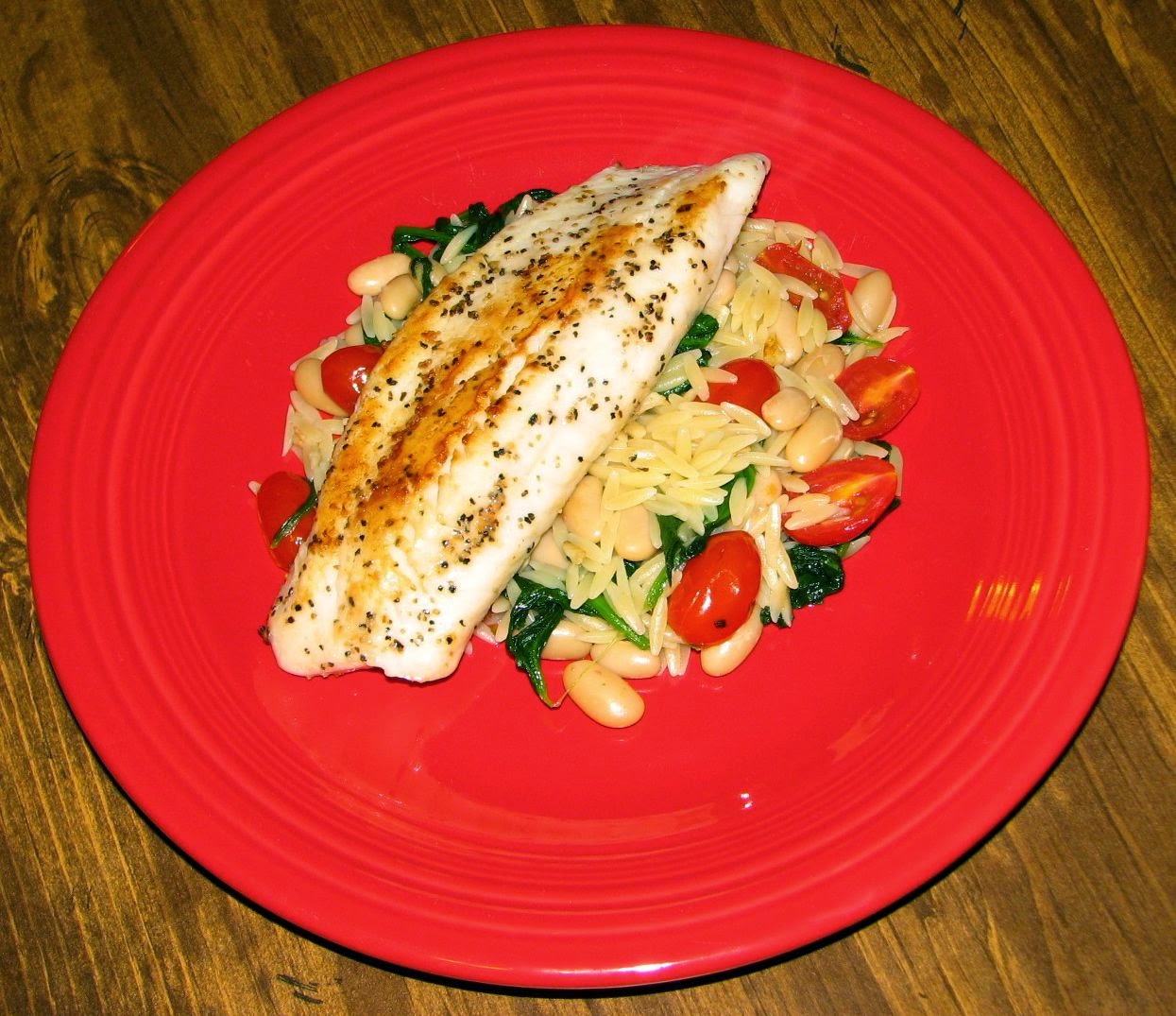 Shel's Kitchen Seared Tilapia with Spinach and White Bean Orzo