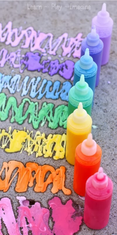 Easy recipe for rainbow sidewalk chalk paint - bonus:  it erupts!