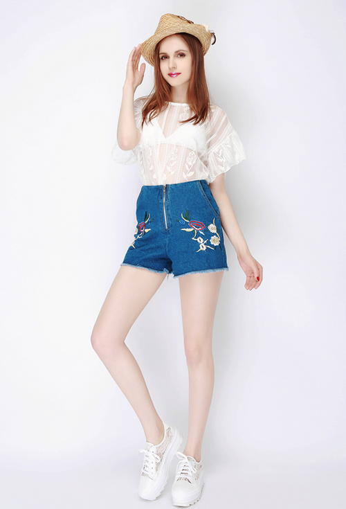 Poppy Embroidered Cut Off Shorts