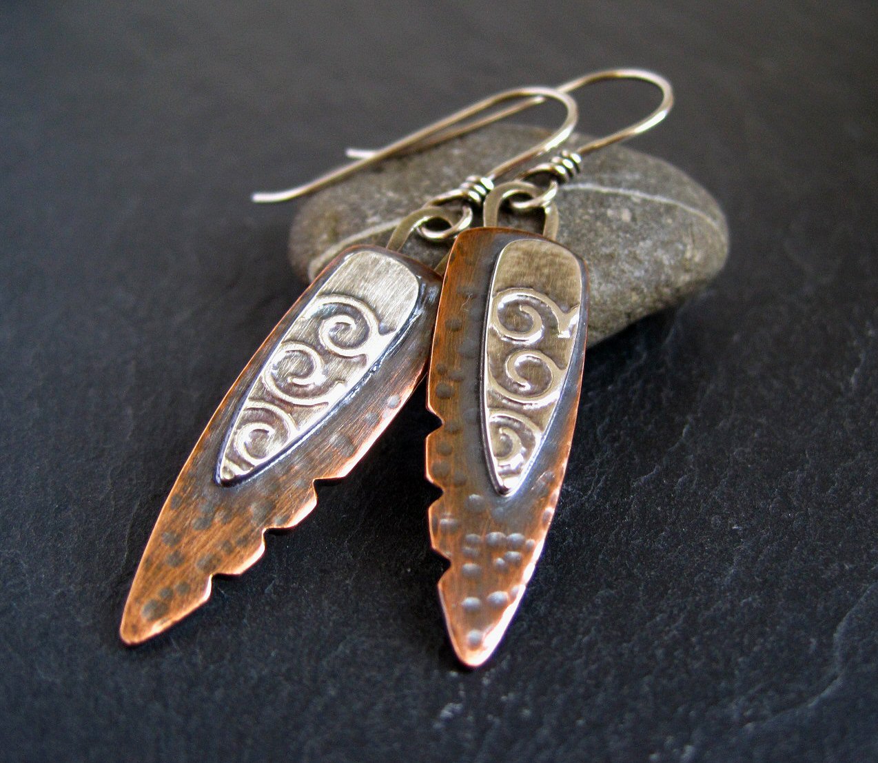 Contrasting Textures Copper And Silver Earrings
