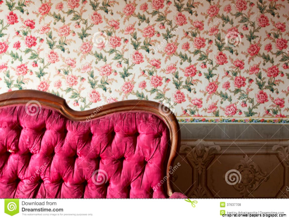 Old Damaged Red Couch In An Antique House Flowers Wallpaper In Old Damaged Red Couch In An Antique House Flowers Wallpaper In
