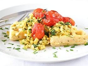 Chive Cornmeal Waffles with Tofu Scramble and Roasted Cherry Tomatoes