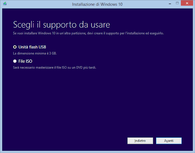 Tool installazione Windows 10 Scegli il supporto da usare