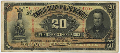 Mexican paper money 20 Pesos bill old banknote Banco Oriental de Mexico