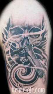 gangsta-style Death tattoo: Grim Reaper holding a semi-automatic pistol