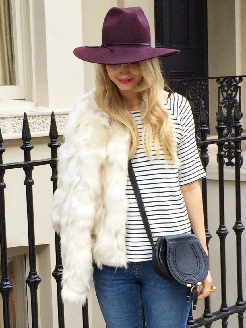 fashin blogger london, burgundy hat, cross body bag, chloe cross body bag, fake fur jacket, boho chic look