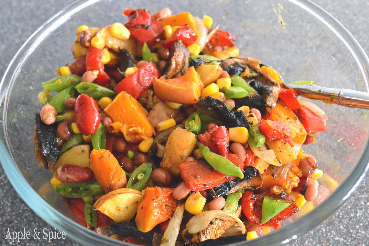 Apple & Spice Roasted Veg & Mixed Bean Salad in Lemon Balsamic Dressing