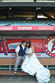 bride and groom at angel stadium