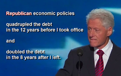 Clinton: "Republican economic policies quadrupled the debt in the 12 years before I took office and doubled the debt in the 8 years after I left."