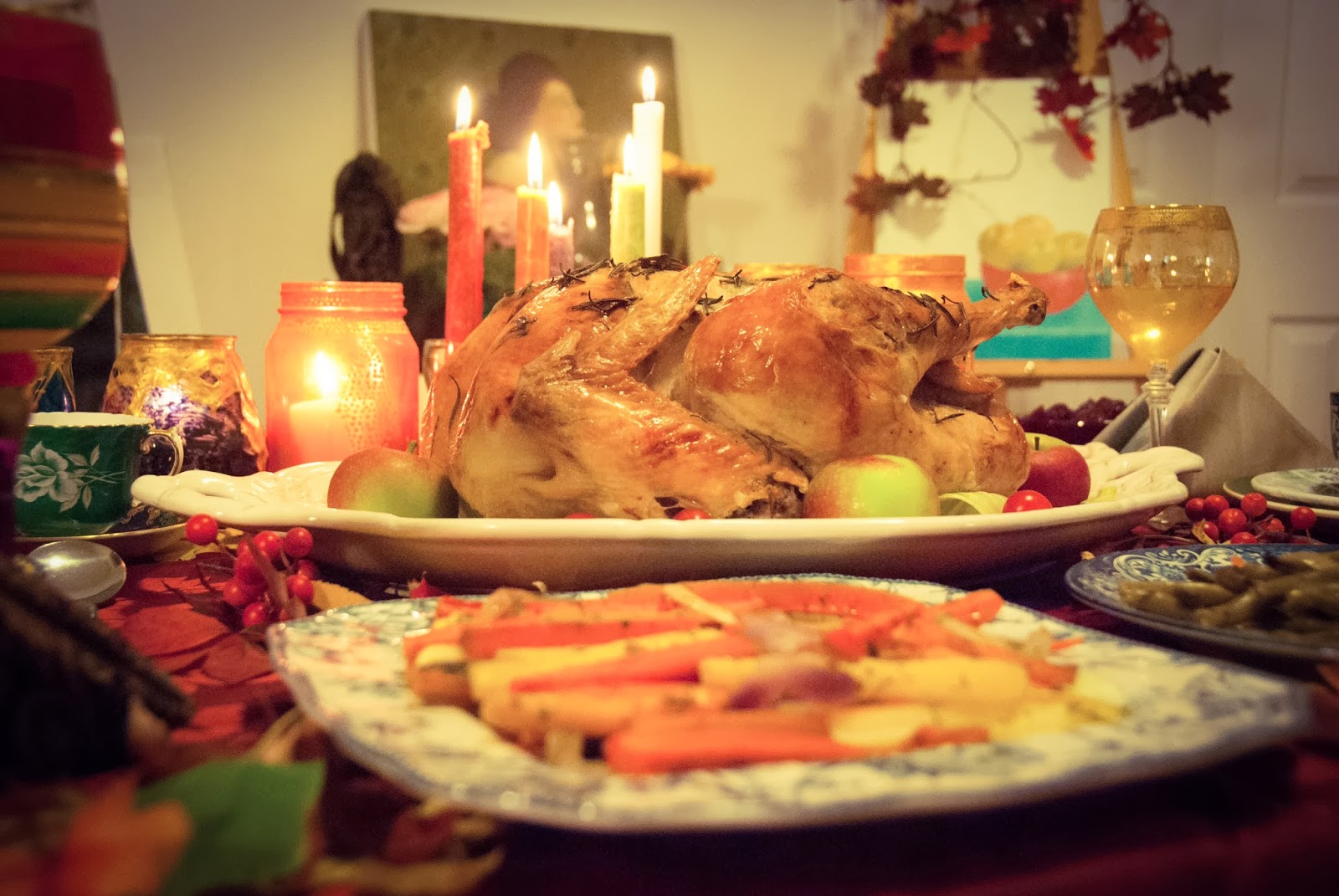turkey thanksgiving dinner roasted vegetables art candles leaves