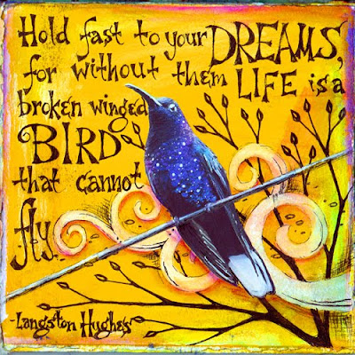 Dreams bird journal page by Vickie Hallmark collage mixed media pen ink acrylic paint paper quotation