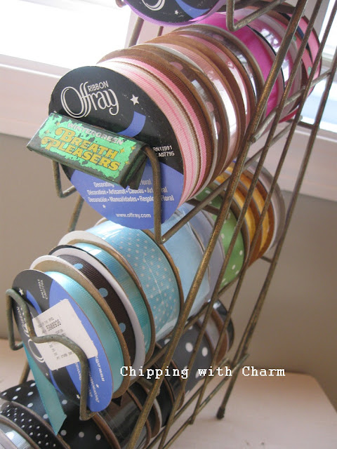 Chipping with Charm:  Vintage Candy Rack for Ribbon Storage...http://www.chippingwithcharm.blogspot.com/