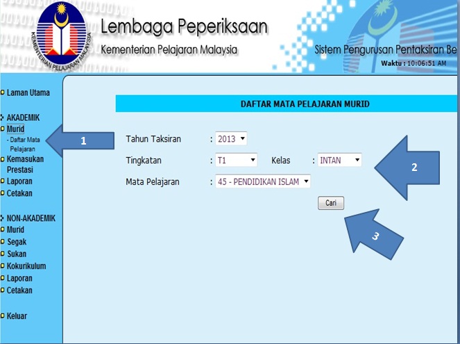 klik murid klik daftar mata pelajaran 2 isikan butiran 3 klik cari