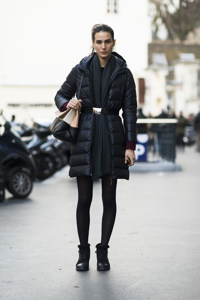 Black down jacket in street