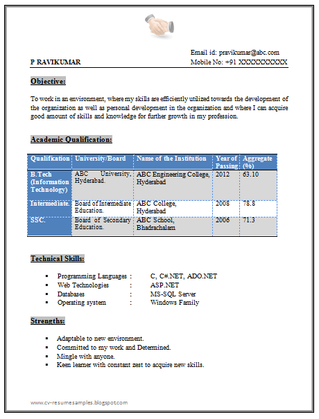 resume format for mca student