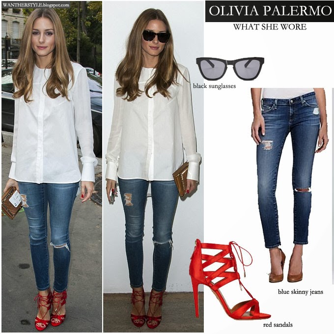 olivia+palermo+in+white+blouse+with+blue+skinny+distressed+jeans+and+red+open+toe+aquazzura+sandals+in+paris+at+th