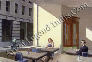 The figures in Hopper's paintings rarely communicate directly with one another, and here he brilliantly depicts a feeling of hesitancy. The man looks vacantly towards the window, but his thoughts are surely on the girl, while she sits fidgeting with her hands. The figures in Hopper's paintings rarely communicate directly with one another, and here he brilliantly depicts a feeling of hesitancy. The man looks vacantly towards the window, but his thoughts are surely on the girl, while she sits fidgeting with her hands.