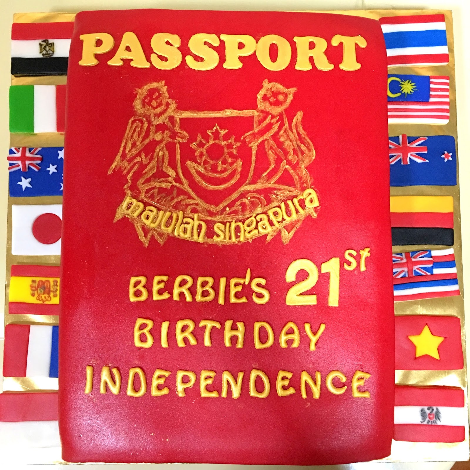 berbie’s 21st birthday passport and flag cake