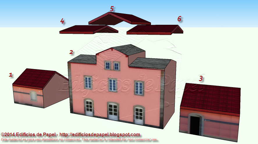 Different elements to build up the railway station papermodel Build up the pieces for the railway station papermodel