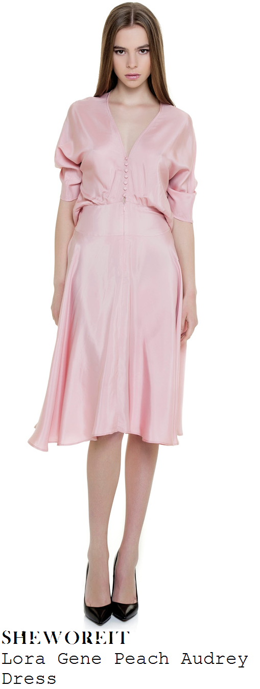 myleene-klass-pale-nude-peach-pink-half-sleeve-v-neck-button-front-silk-dress-loose-women