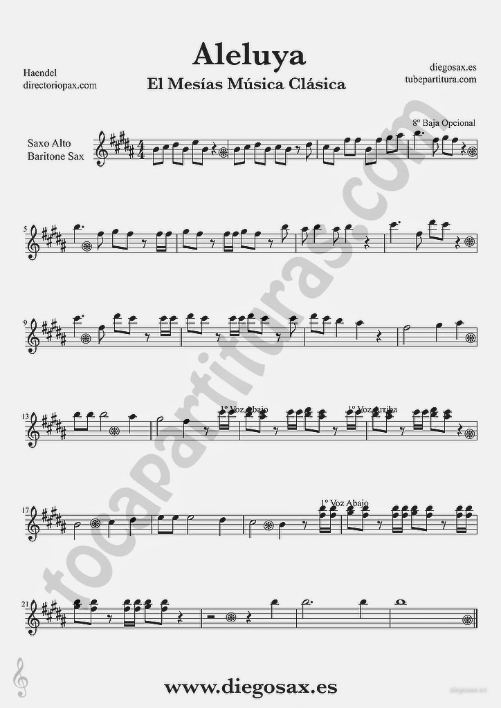 Tubescore Hallelujah by Handel Sheet Music for Alto Sax and Baritone Sax