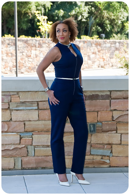 Navy Zip-Front Jumpsuit using modified versions of Vogue 8993 and McCall's 6930.  Fabric is a navy stretch cotton twill from Mood Fabrics.  Erica B's DIY Style!